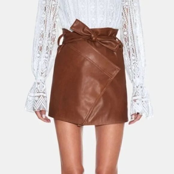 Divine Heritage Faux Leather Saddle Mini Skirt Brown Vegan Leather Small - Picture 1 of 9
